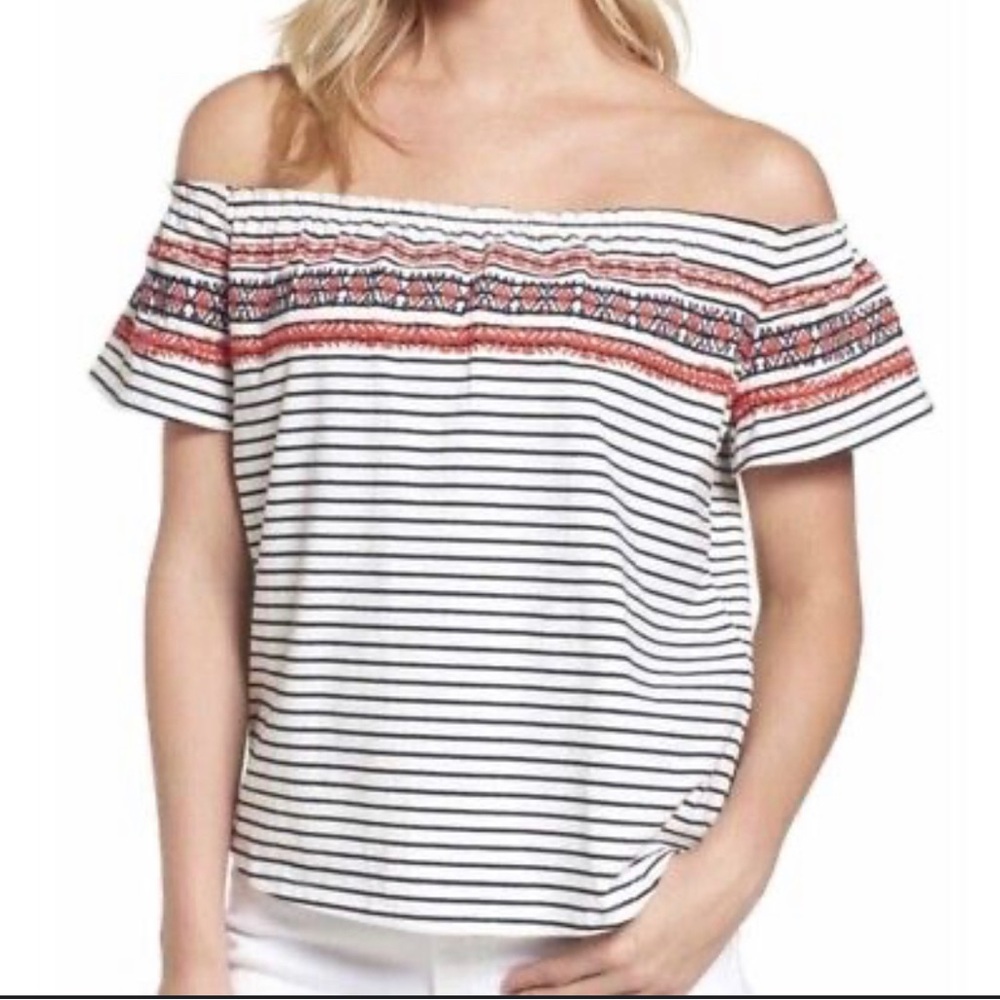 THML Women’s White Red Blue Stripe Off Shoulder Embroidered Top Blouse Size XXL